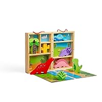 Bigjigs Toys Dinosaur Play Box - Wooden Playset with 5 Dinosaurs & 2 Fold-Out Play Mats, Portable Dinosaur Toy Wooden Dolls House, Montessori Toys for 18 Months +, Dinosaur Roleplay Toy
