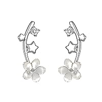 Solid 925 Sterling Silver CZ Flower Crawler Earrings Wrap for Women Teen Girls Dainty Flower Earrings Cuff Piercings Star Climber Earrings Studs