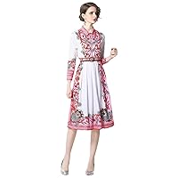 Vintage Froal Printing Long Sleeve Shirt Dress Spring Autumn Slim Single Breasted Women Office Lady Midi Dress