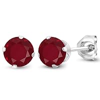 Gem Stone King 925 Sterling Silver Red Ruby Stud Earrings For Women (1.10 Cttw, Round 5MM)