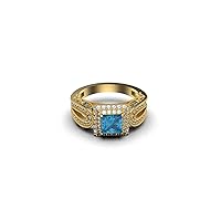 1.30 Ctw Square Cut Natural Blue Topaz And CZ Diamond Ring 0.85 Ctw Cz Diamond Weight, G-H Color 14k Solid Gold Topaz Ring
