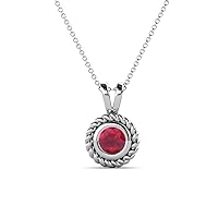 Round Ruby 1/2 ct Womens Rope Edge Bezel Set Solitaire Pendant Necklace 16 Inches 925 Sterling Silver Chain