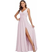 V Neck Split Bridesmaid Dresses Long Chiffon Formal Dresses for Wedding Guest Ruched A-Line Prom Dress 2021