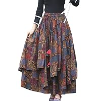 IDEALSANXUN Womens Elastic Waist Aline Cotton Lined Retro Maxi Hem Pleated Long Skirts