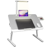 RAINBEAN Laptop Desk with LED Light and Drawer - Portable Bed Table for Sofa, Study and Reading - Adjustable Laptop Stand, White