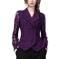 Suit Collar Women Long Sleeve Purple Floral Lace Shirt Double-Breasted Hook Flower Hollow Summer Top Tunic Blouse
