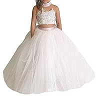 Girl's Two Pieces Ball Gown Flower Girl Dresses Pageant Gowns Lace Appliqued Tulle First Communion Dress Ivory