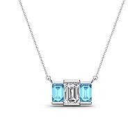 Emerald Cut GIA Certified Natural Diamond & Blue Topaz 1 1/5 ctw Women Three Stone Pendant Necklace 14K Gold