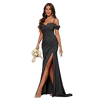 Miao Duo Women's Cold Shoulder Satin Bridesmaid Dresses Long Ruched Mermaid Formal Dresses with Slit YZTS120