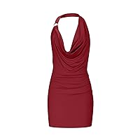 Women's Sexy Halter Cowl Neck Drape Ruched Bodycon Dress Cocktail Party Backless Sleeveless Fashion Club Mini Dress