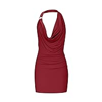 Women Trendy Ribbed Draped V Neck Shirring Halter Dress Summer Sleeveless Open Back Sexy Bodycon Dressy Mini Dresses