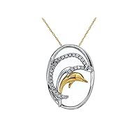 14k White Gold Double Dolphin Necklace with Diamonds, Total Diamond Weight 0.10ct