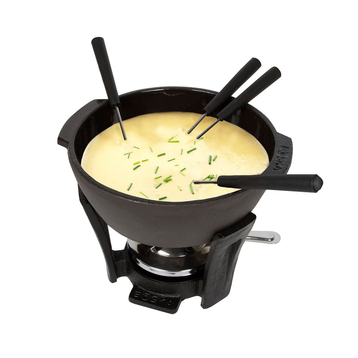 Boska Cheese Fondue Party Set - Black Cast Iron Fondue Pot for Cheese, Meat, and Chocolate - Suitable for Every Stove - Wedding Registry Items for up to 4 Persons