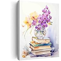Biijuk Orchid flowers and books art watercolors,living room floral wall decor,home bedroom decor for Bar Living Room Wall Art Bedroom wall art Stretched-16 x20 canvas print with frame