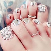 Foccna Press on Nails,Luxury Glitter Silver Fake toenails Acrylic Foot False Nails Rhinestone Design 24pcs
