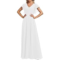 Women's Chiffon Off Shoulder Bridesmaid Dress Short Sleeve A-line Prom Dresses