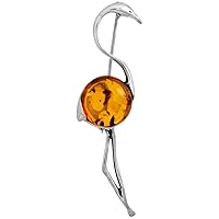 Sterling Silver Baltic Amber Flamingo Brooch Pin for Women Antiqued finish approx. 2 3/8 inch wide