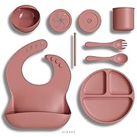 Silicone Baby Feeding Set - Baby Led Weaning - Toddler Eating Utensils Bib Suction Bowl Divided Plate Sippy Cup - Baby First Stage Solid Food Essentials Dish Set - 6+ Months (Dark Pink)