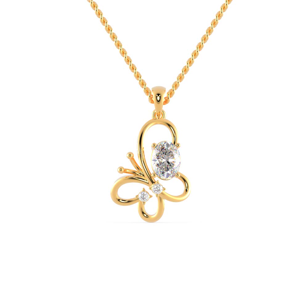 Certified Butterfly Pendant in 18K White/Yellow/Rose Gold with 0.08 Ct Round Natural Diamond & 1.09 Ct Oval Moissanite Solitaire Diamond & 18k Gold Chain Necklace for Women, Wife, Mother, Sister