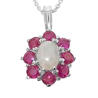 Ladies Solid 925 Sterling Silver Ornate Large Natural Fiery Opal and Ruby Cluster Pendant Necklace