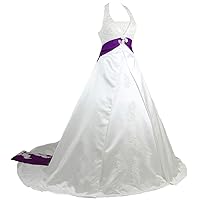 Women's Vintage A-line Satin Appliqued Ribbon Halter Wedding Dress Bridal Gown