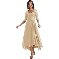 Women's A Line Chiffon Lace Mother of The Bride Dress Formal Evening Gown with Sleeves Tea Length