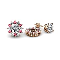 Lab Grown Diamond & Pink Tourmaline 0.60 ctw Halo Flower Jacket for Stud Earrings 14K Gold