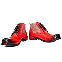 Modello Quecello - Handmade Italian Mens Color Red Ankle Boots - Cowhide Hand Painted Leather - Lace-Up