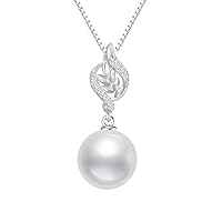 14k Gold Diamond Leaves Pearl Necklaces for Women, Real Gold Box Chain and Pendant, Anniversary Present for Wife, Christmas Jewelry Gifts for Her, 16-18 In