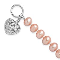 925 Sterling Silver Rhodium Plated 9 10mm Pink Freshwater Cultured Pearl Love Heart Bracelet 7.5 Inch Jewelry for Women