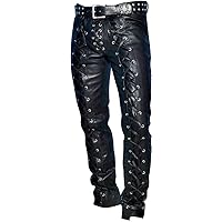 Leather Lovers Men Genuine Cowhide Leather Front & Back Laced Up Black Biker Pants