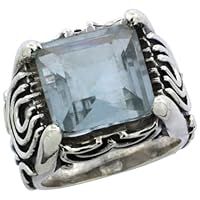 Sterling Silver Bali Inspired Horseshoe Design Square Ring w/ 12mm Princess Cut Synthetic Blue Topaz Stone, 19/32 in. (15mm) Wide, Size 6