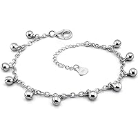 925 Sterling Silver Jingle Bells Bead Chain Charm Bracelet/Anklet, Dual Purpose of Anklet & Bracelet - Up to 10.5