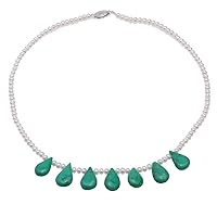 JYX Pearl Necklace Single-strand Handmade Natural 4mm Flatly Round White Freshwater Cultured Pearl Necklace with Green Oval Turquoise for Women 17