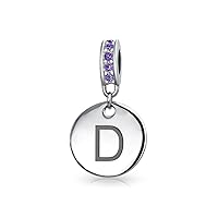 Engravable A-Z Monogram PURPLE Crystal Accent Bale Dangle Round Circle Disc Shaped Alphabet Initial Charm Bead For Women Teen .925 Sterling Silver European Bracelet Simulated Amethyst Birthstone