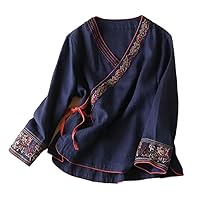 Spring Autumn Chinese Style Women Blouse Cotton Linen Embroidery Loose Shirt V-Neck Oriental Hanfu Tops