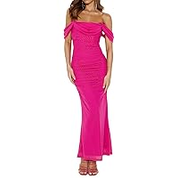 houstil Women's Off Shoulder Beach Summer Dresses Wrinkles Mesh Bodycon Maxi Party Cocktail Holiday Wedding Guest Dress