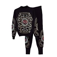 Autumn Winter Women Fashion Tracksuit 2 Piece Set,Beaded Embroidery Long Sleeve Sweater Casual Long Pants Knitted Set