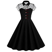 Women Fashion Sheer Mesh Top Short Sleeve Lapel Gown Summer Heart Button Trim High Waist 1950s Swing A-Line Dresses
