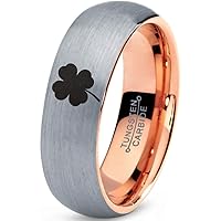 Lucky Charm Four Leaf Clover Ring - Tungsten Band 8mm - Men - Women - 18k Rose Gold Step Bevel Edge - Yellow - Grey - Blue - Black - Brushed - Polished - Wedding - Gift Dome Flat