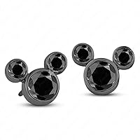 Round Shape Black Simulated Diamond 18K Black Gold Plated 925 Sterling Sliver Mickey Mouse Stud Earrings For Women's Girl Birthday Gifts