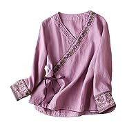 Chinese Style Women Summer Blouse Literary Retro Cotton Linen Embroidered V-Neck Shirt Oriental Hanfu Tops