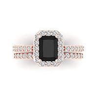 2.17ct Emerald Round Cut Pave Halo Solitaire with Accent Genuine Black Onyx Statement Bridal Ring Band Set 14k Rose Gold