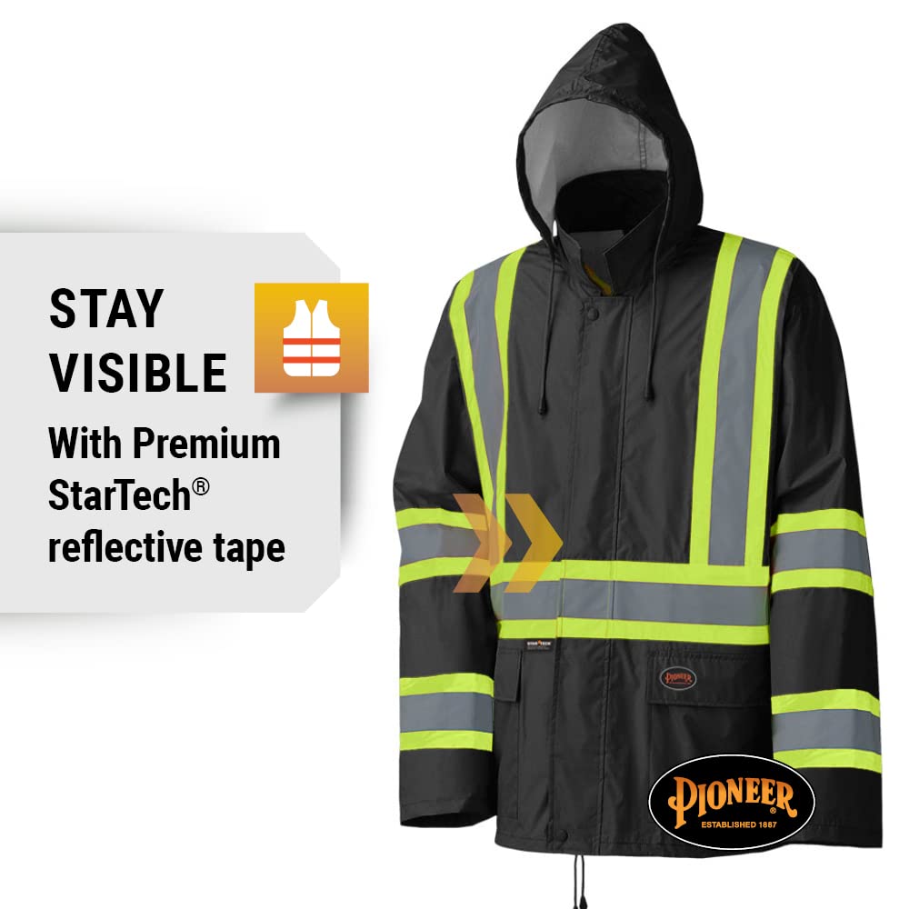 Pioneer Waterproof Lightweight Safety Rain Suit - Hi Vis Reflective Work Rain Gear - Safety Jacket &Bib Pants - Black, Large