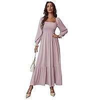 Dresses for Women 2024 Square Neck Shirred Ruffle Hem A Line Long Dress (Color : Dusty Pink, Size : Large)