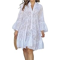 Elegant Mini Dresses Spring Summer Color V-Neck Embroidery Lace Dress Loose Hollow Female Clothing