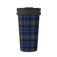 Blue And Green Scottish Tartan Print Thermal Coffee Mug,Travel Insulated Lid Stainless Steel Tumbler Cup For Home Office Outdoor