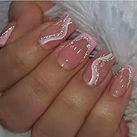 Coffin French Press on Nails Fake Nails Pink Swirls Cute Women's False Nails Medium LongDaily Artificail Nails for Women and Girls-24Pcs