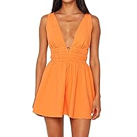 Sunloudy Halter Neck Mini Dresses for Women Sleeveless Deep V-Neck Swing Short Dress Open Back Sling Dress (A-Orange,Medium)