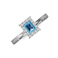 Emerald Cut Blue Topaz & Round Diamond 1 3/8 ctw Women Tapered Ridged Shank Halo Engagement Ring 14K Gold